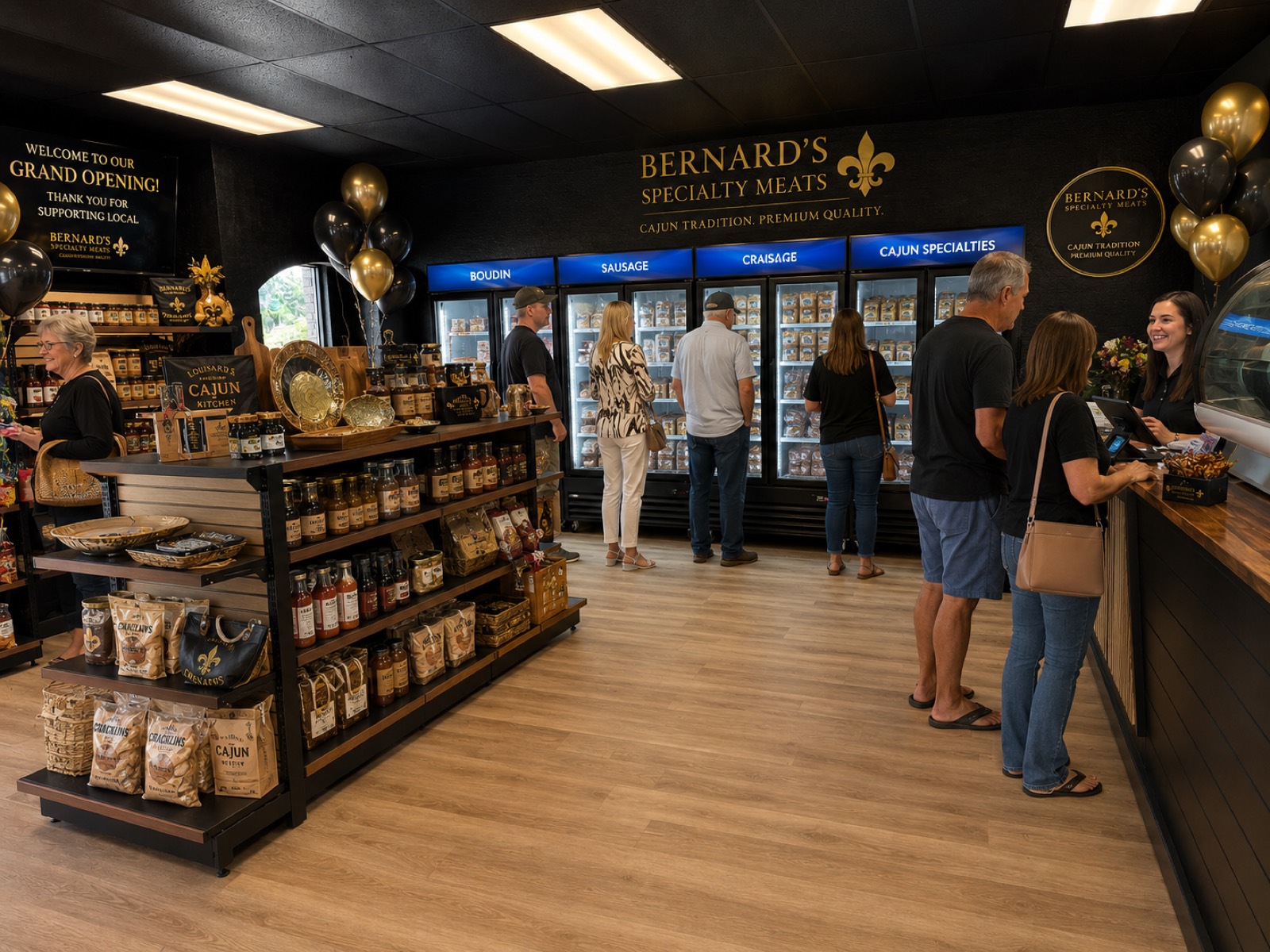 Shoppers browsing shelves of boudin, cracklins, seasonings, and Louisiana gifts at Bernard's grand opening